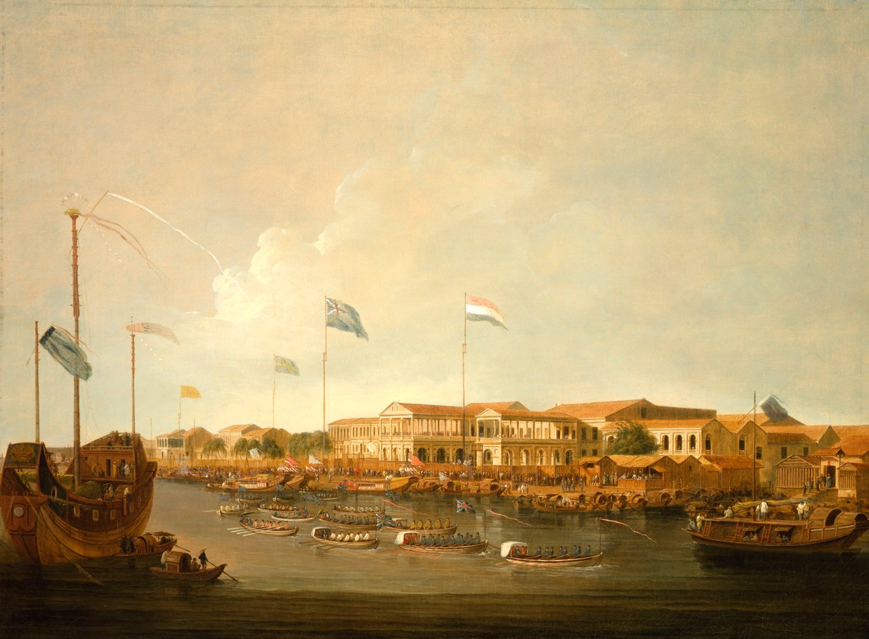 A Hongok Kantonban délkeletről, regattával a Pearl folyón alkotó: Thomas Daniell
