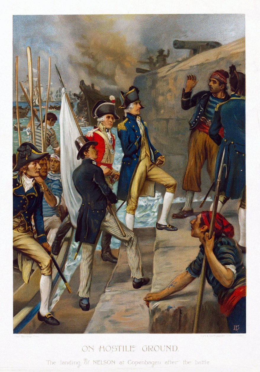 Egy ellenséges országban. Horatio Nelson (1758-1805) partraszállása Koppenhágában (Dánia), a csata után (1801). Thomas Davidson (aktív 1863-1903) kromolitográfiája, 1897 körül. alkotó: Thomas Davidson