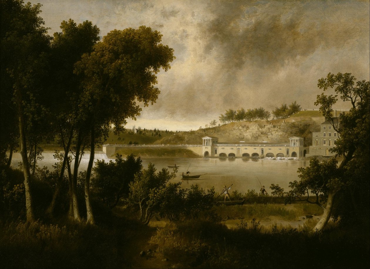A philadelphiai Fairmount vízmű látképe a Schuylkill folyó túlpartjáról alkotó: Thomas Doughty