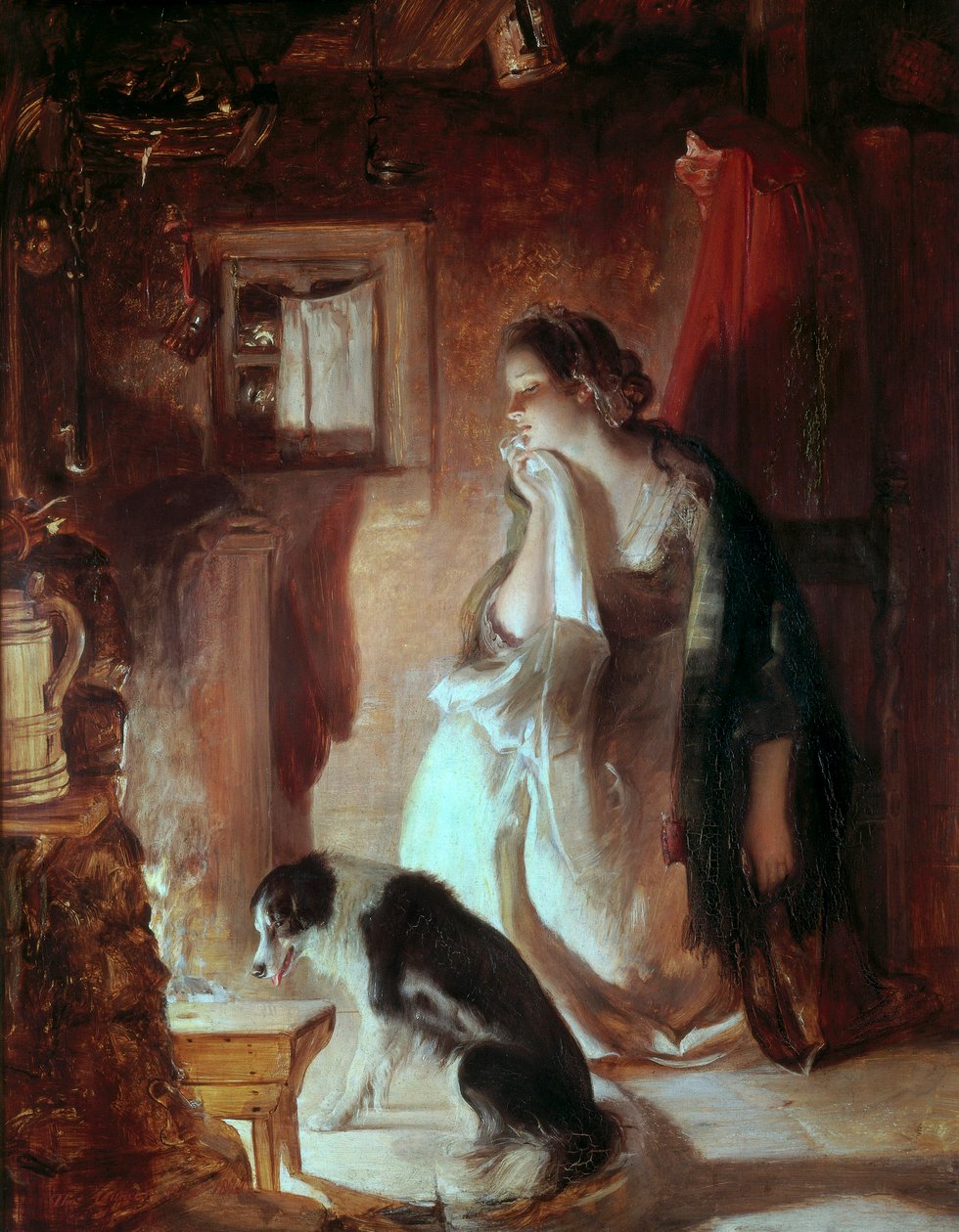 A gyászos szív, Fiatal nő a tűz mellett, szomorú arc a bánat miatt. Thomas Duncan (1807-1845) festménye: Victoria and Albert Museum, London alkotó: Thomas Duncan