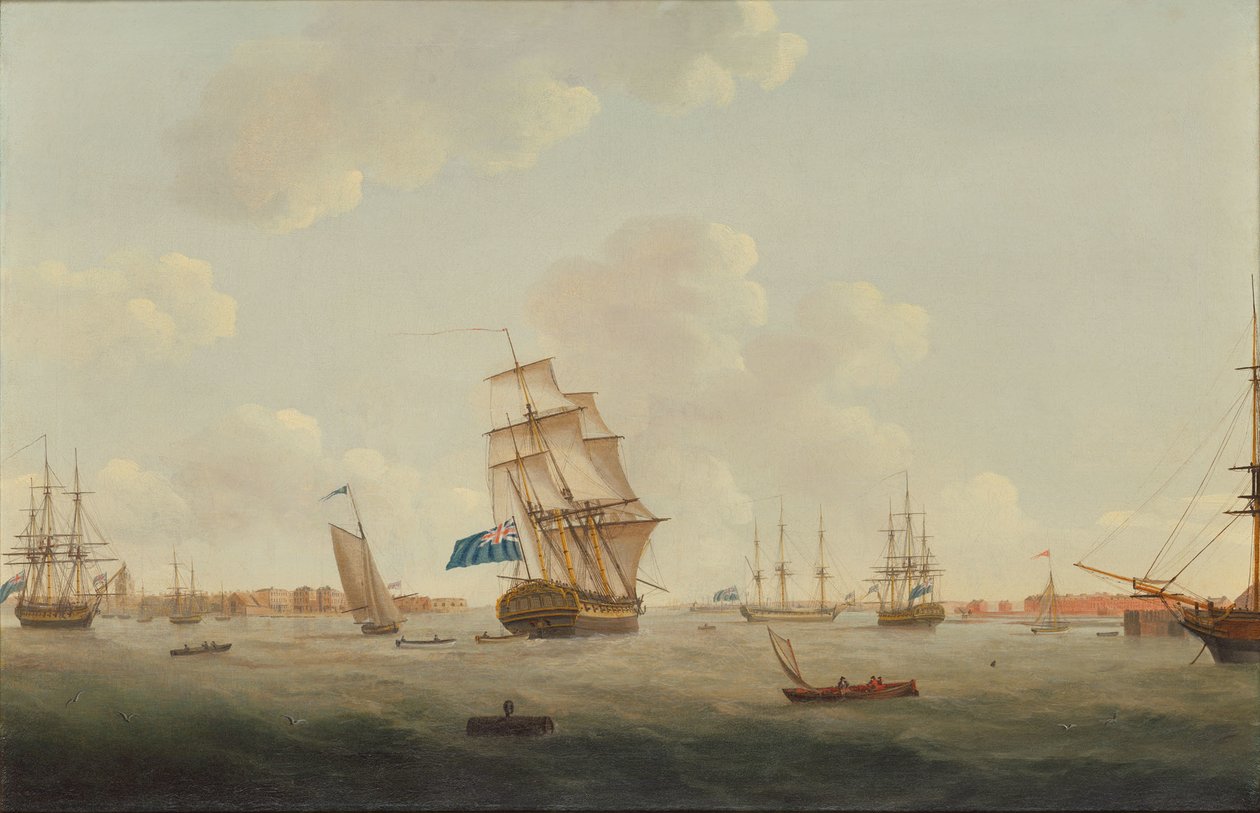 Portsmouth kikötőjének panorámaképe a hadihajókkal és más hajókkal alkotó: Thomas Elliott