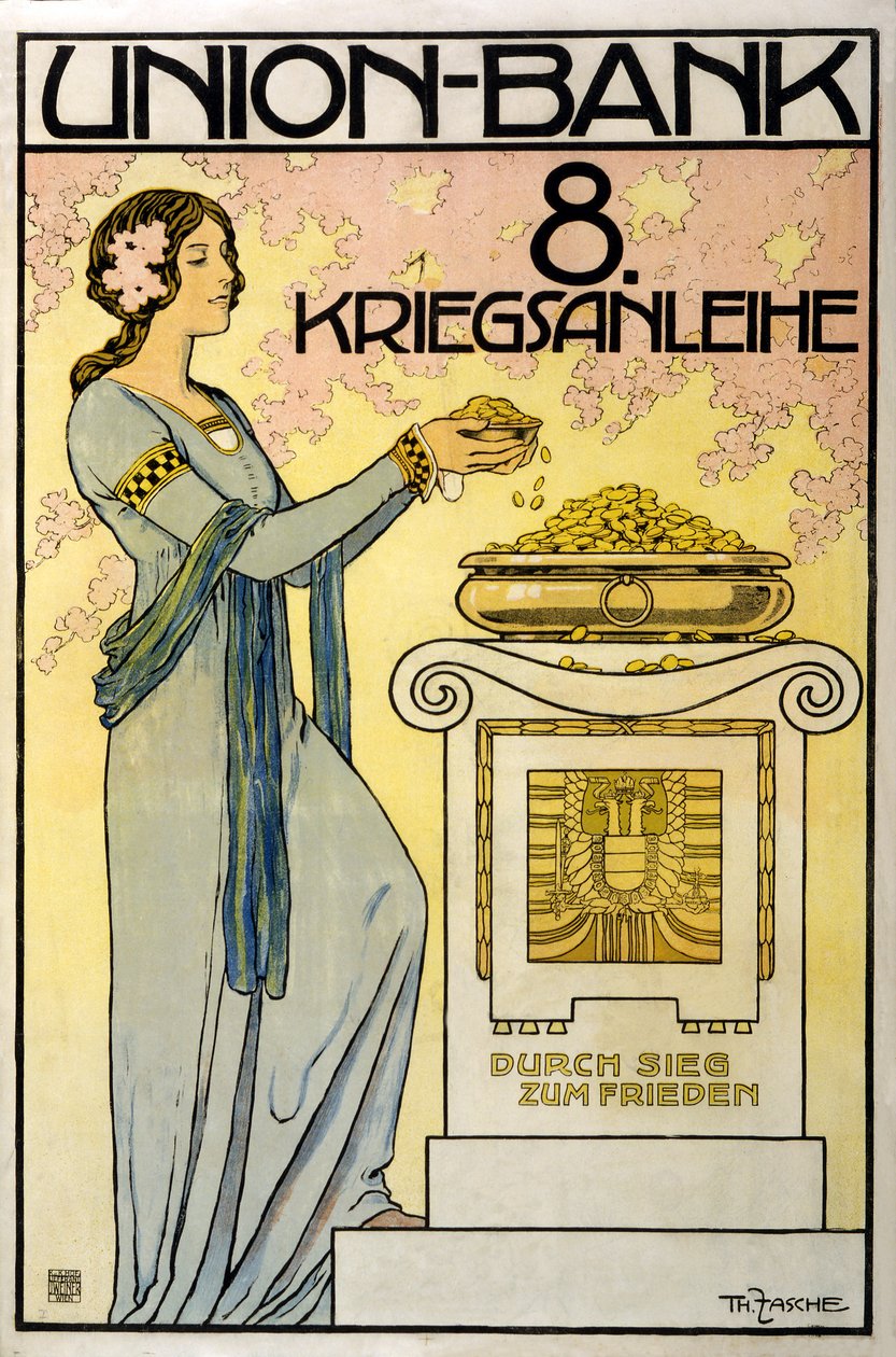 osztrák adománygyűjtő kampány Union-Bank, 8. háborús kölcsön; győzelmen át a békébe, kocsma. 1918 alkotó: Thomas Fasche