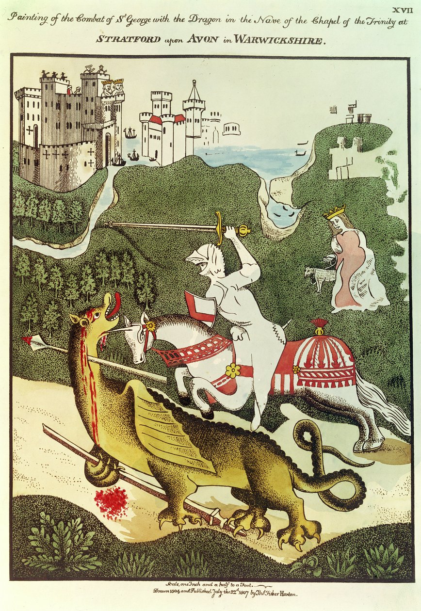 Szent György és a sárkány, egy eredeti festmény után a Stratford Upon Avon-i Szentháromság-kápolnában, Warwickshire-ben, 1804 alkotó: Thomas Fisher Hoxton