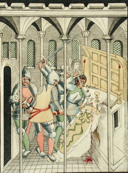 Becket Szent Tamás (1118-70 körül) meggyilkolása Canterburyben, a Stratford Upon Avon-i Szentháromság-kápolnából alkotó: Thomas Fisher Hoxton