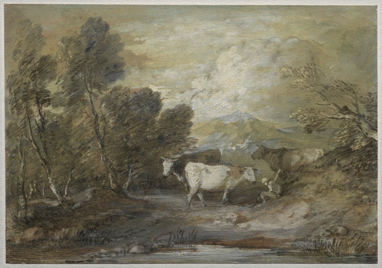 Pásztor három tehénnel egy felvidéki tó mellett, 1780-as évek közepe (akvarell, tinta és olajfesték, fehér krétával kiemelve) alkotó: Thomas Gainsborough
