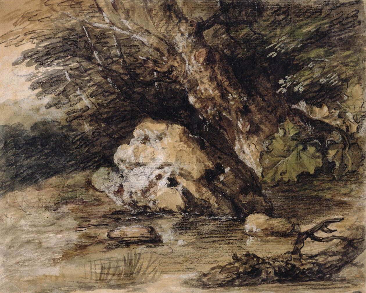 Dombos táj, hídhoz közeledő alakokkal, 1763 körül (wc és gouache, papír) alkotó: Thomas Gainsborough