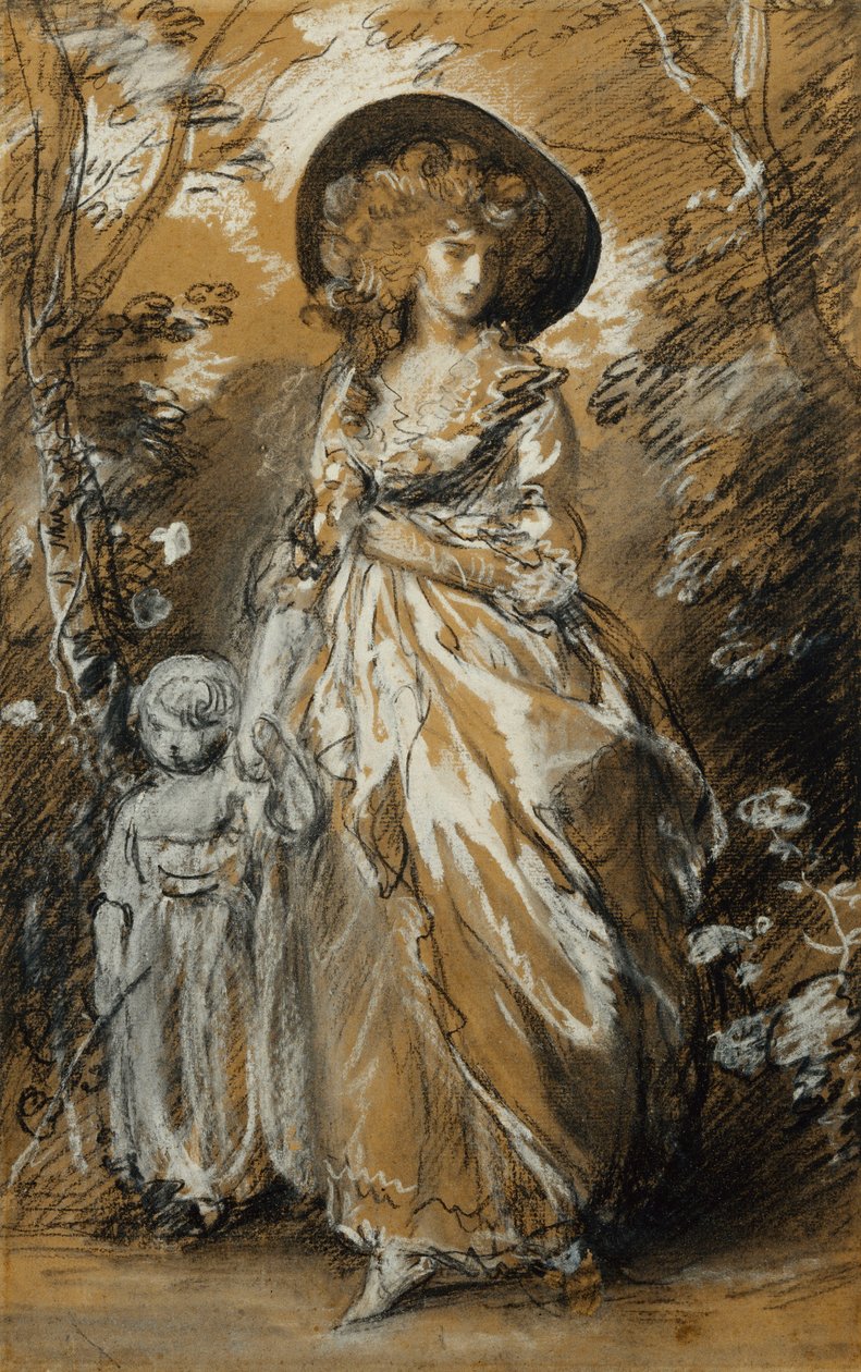 Egy hölgy sétál a kertben, teljes hosszában áll, és kézen fogja a kisgyermekét; Talán egy tanulmány a The Richmond Water-Walkhez, alkotó: Thomas Gainsborough