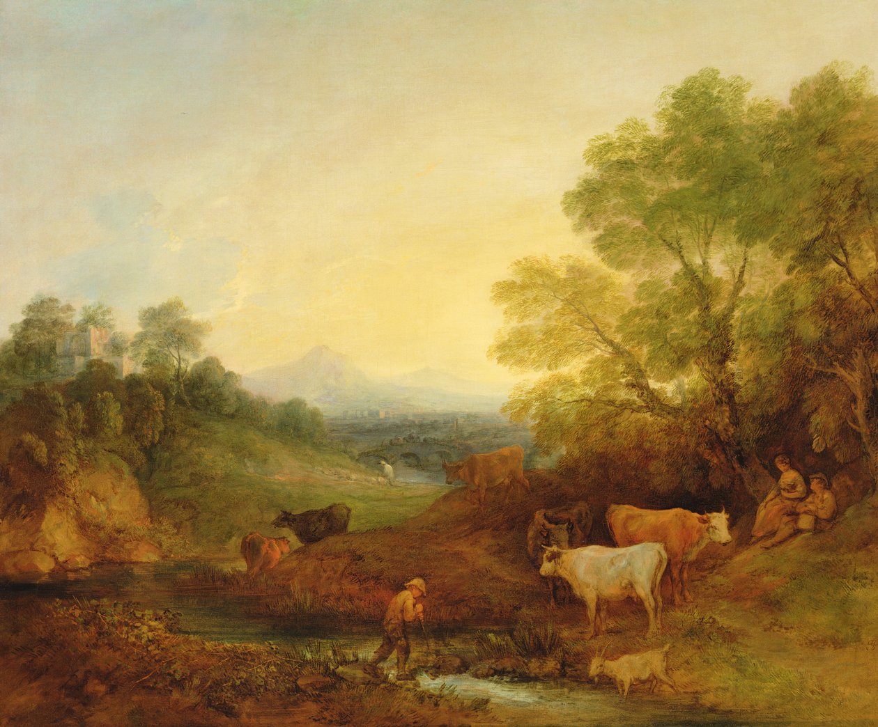 Tájkép szarvasmarhákkal és alakokkal egy patak és egy távoli híd mellett, 1772-4 körül (olaj, vászon) alkotó: Thomas Gainsborough
