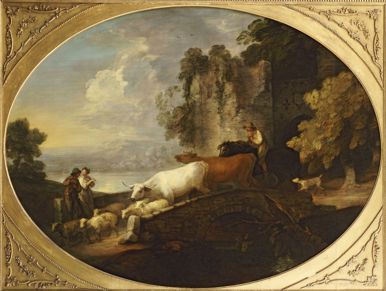 Folyói táj rusztikus szerelmesekkel, egy lovas pásztor, aki szarvasmarhát és birkát hajt a hídon, mögötte egy romos kastély alkotó: Thomas Gainsborough