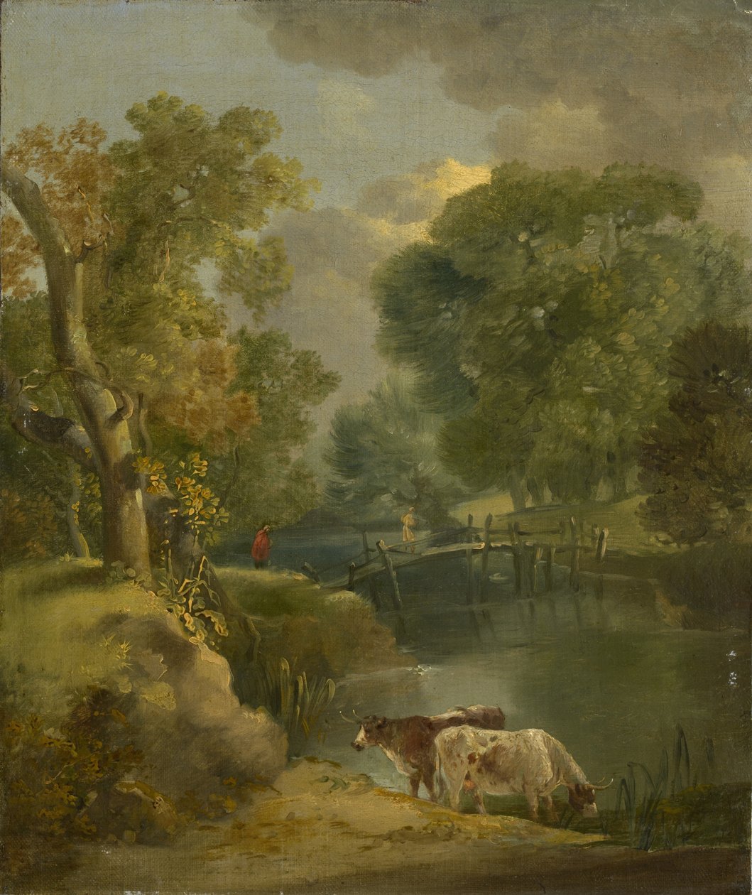 Folyói táj két tehénnel és egy alakkal a hídon, 18. század alkotó: Thomas Gainsborough