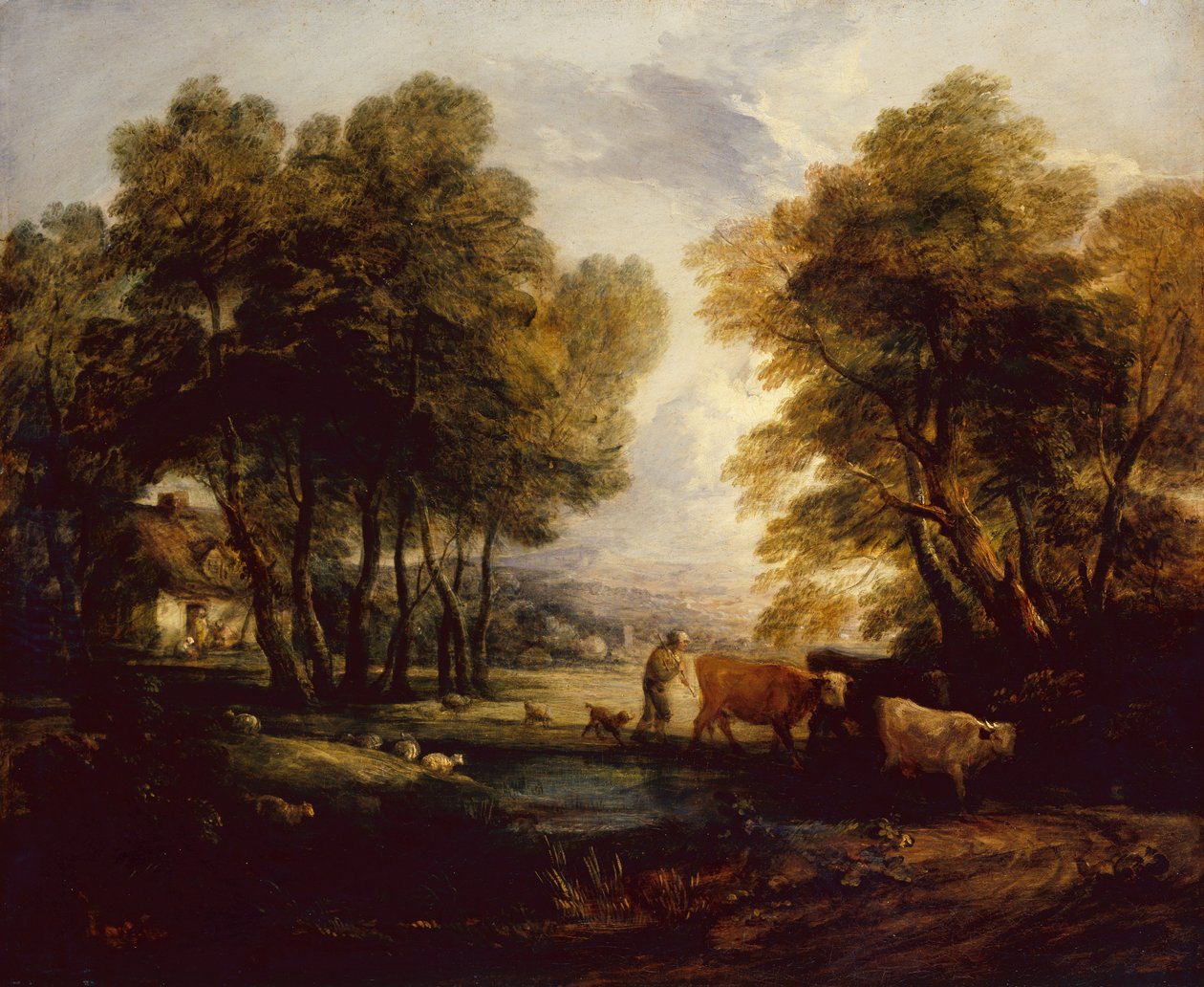 Erdős táj pásztorral, tehenekkel és juhokkal a medence mellett (olaj) alkotó: Thomas Gainsborough