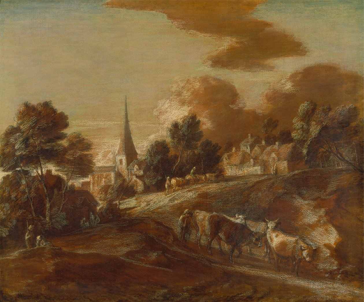 Egy képzeletbeli erdős falu droverekkel és szarvasmarhákkal alkotó: Thomas Gainsborough