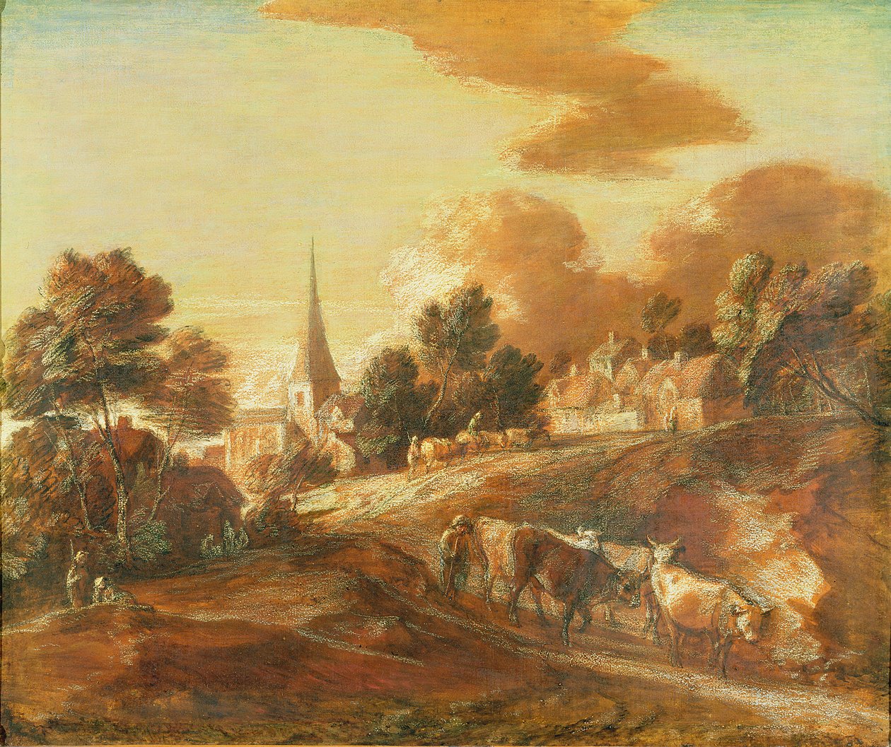 Egy képzeletbeli erdős falu droverekkel és szarvasmarhákkal, 1771-72 körül (olaj és vegyes technika, papír, vászon) alkotó: Thomas Gainsborough