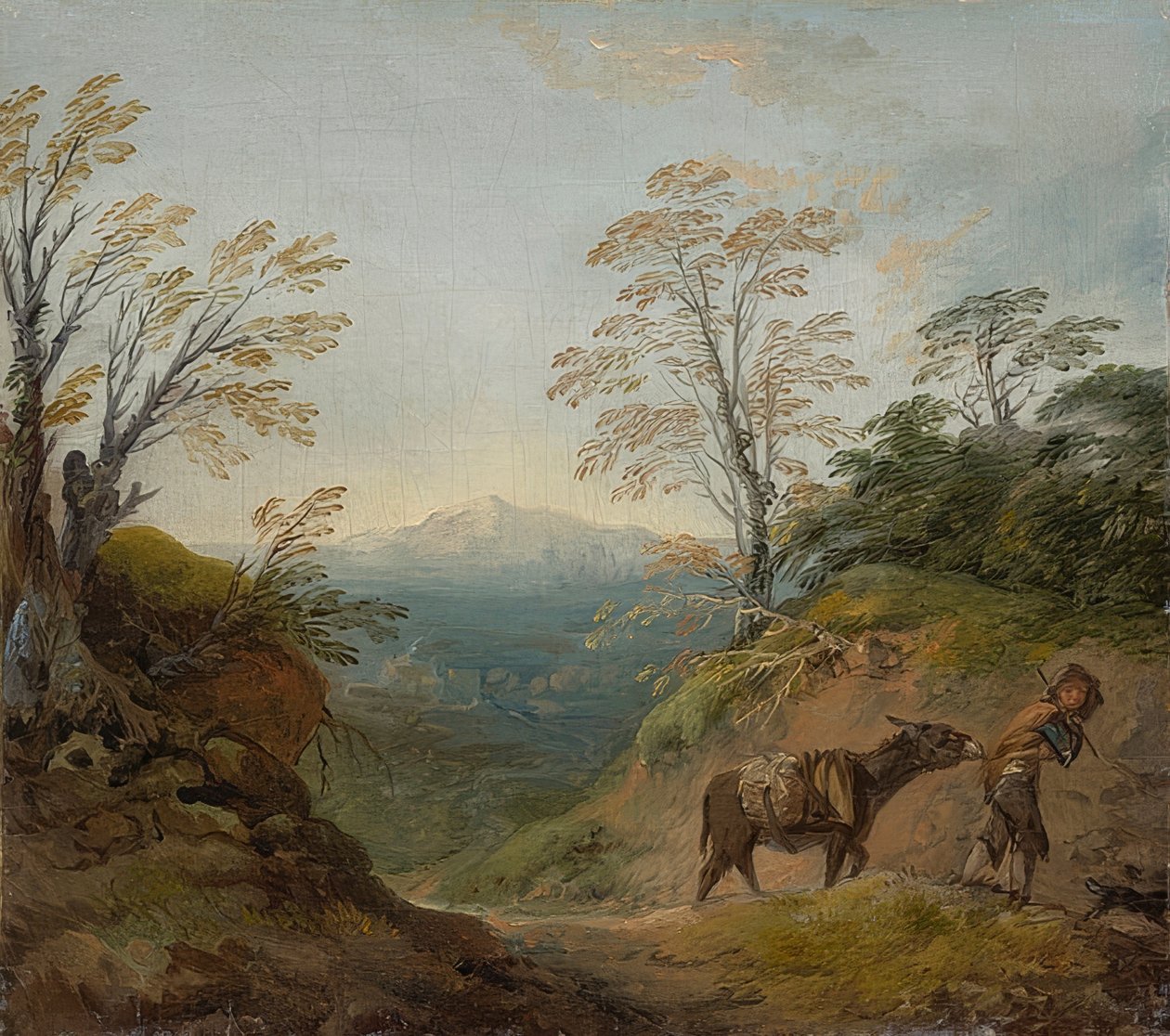 Erdős táj egy kisfiúval, aki szamarat és egy kutyát vezet, valamint kiterjedt panoráma épületekre és távoli dombokra. 1760-as évek eleje alkotó: Thomas Gainsborough