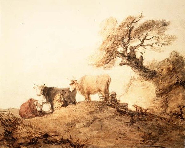 Szarvasmarha droverekkel és kutyával a fa alatt (akvarell) alkotó: Thomas Gainsborough