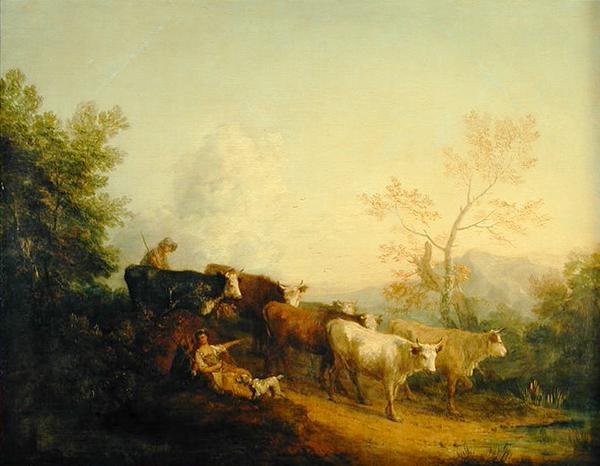 Pásztorok marhákat hajtanak egy posta felé (olaj, vászon) alkotó: Thomas Gainsborough