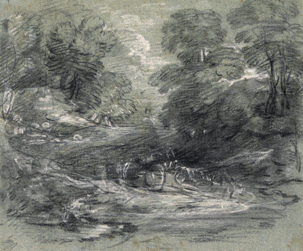 Tájkép mezőgazdasági kocsival a fák közötti kanyargós pályán (faszén és gouache papíron) alkotó: Thomas Gainsborough