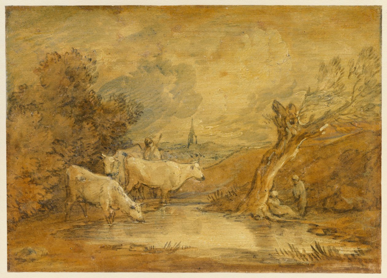Landschaft mit Figuren, Hirte und Vieh an einem Teich, und ferne Kirche alkotó: Thomas Gainsborough