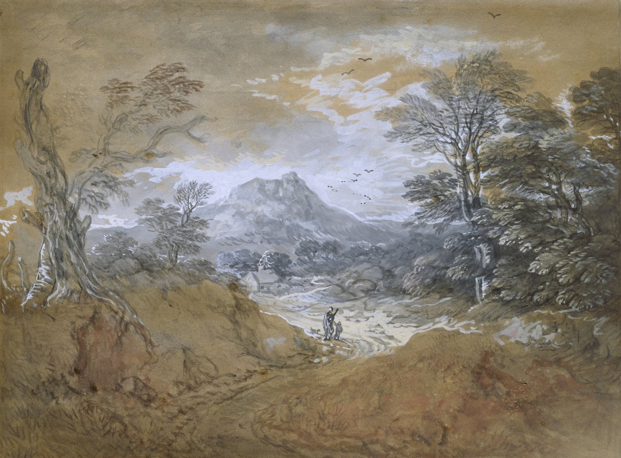 Táj egy úttal egy erdő szélén, 1760-65 (barna papíron akvarell és testfesték halvány grafitos jelzésekkel) alkotó: Thomas Gainsborough