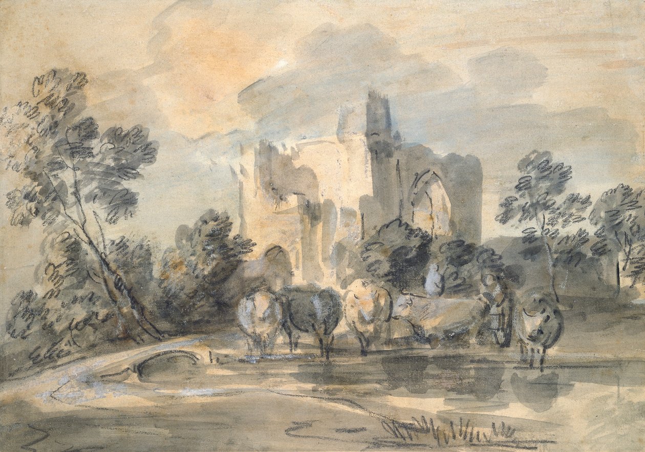 Táj romos várral és szarvasmarhákkal a medencénél, 1770-es évek alkotó: Thomas Gainsborough