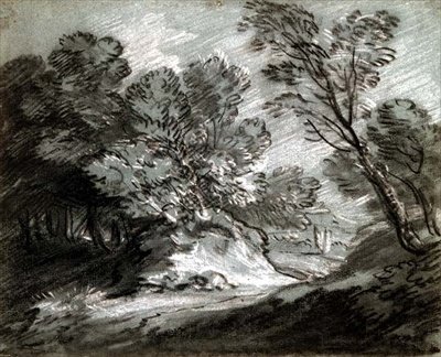 No.0975 Erdős táj távoli hegyekkel (kréta kék papíron) alkotó: Thomas Gainsborough