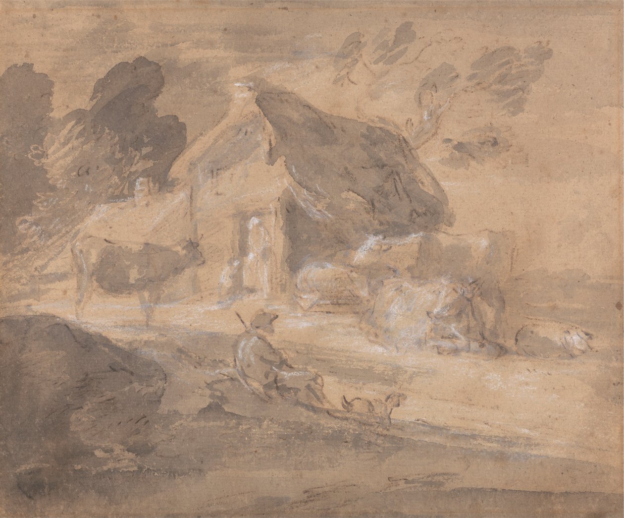 Nyitott táj alakokkal, tehenekkel és kunyhóval alkotó: Thomas Gainsborough