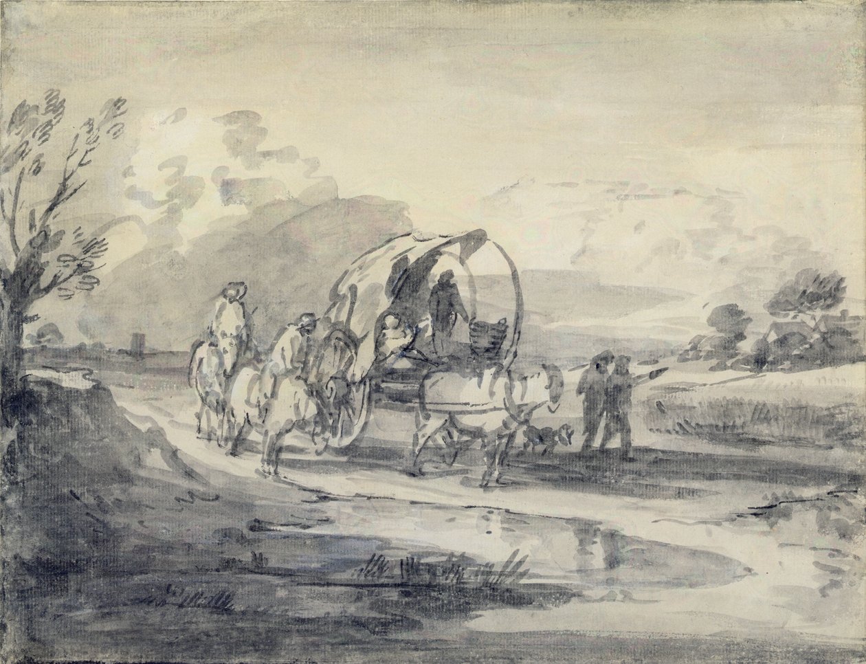Nyitott táj terelővel és fedett szekérrel, 1780-85 körül (szürke és fekete mosás és kréta papírra fektetve) alkotó: Thomas Gainsborough