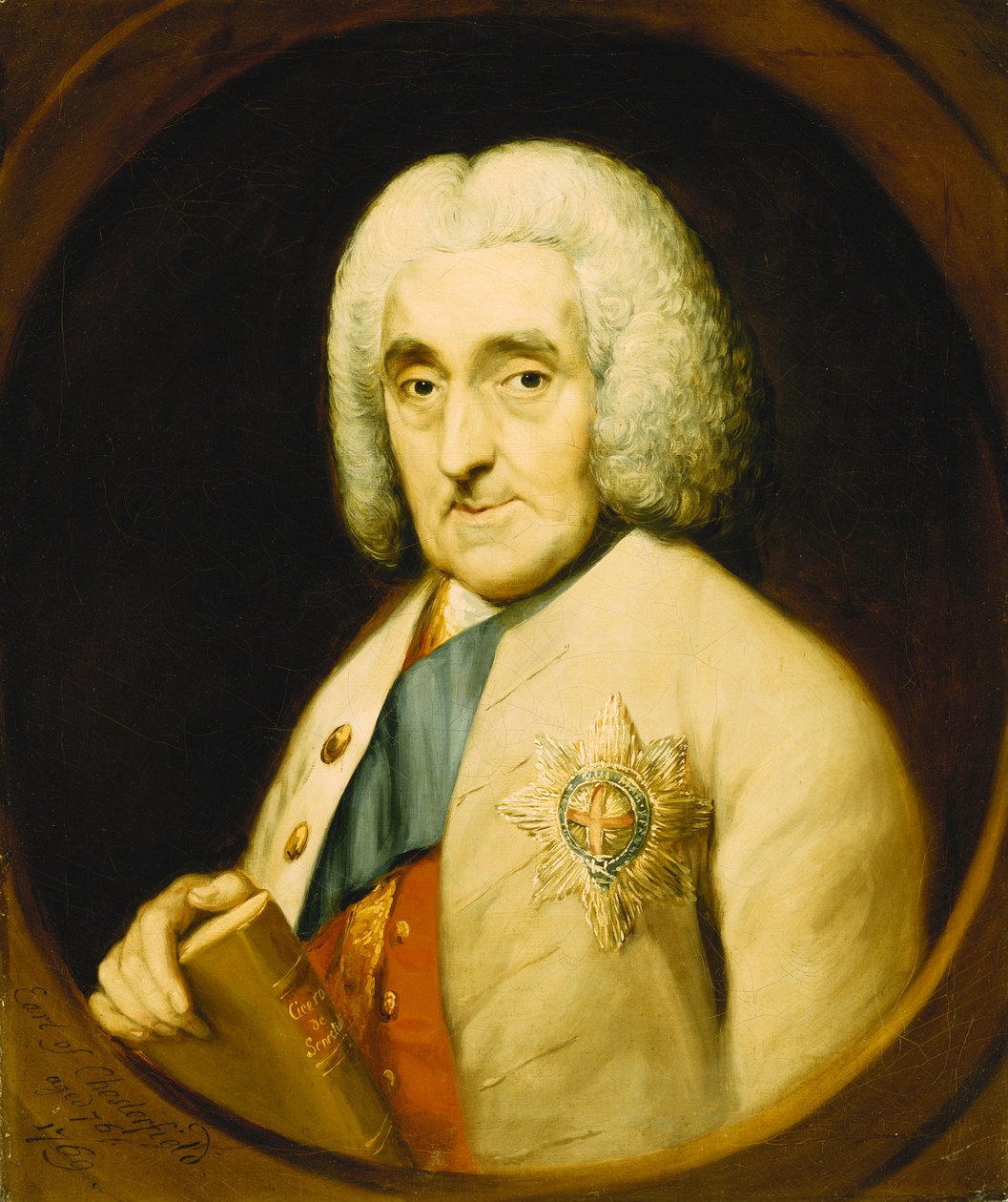 Lord Chesterfield portréja, mellhossz, harisnyakötő rendet visel, kezében egy könyv, festett oválisban, 1769 alkotó: Thomas Gainsborough