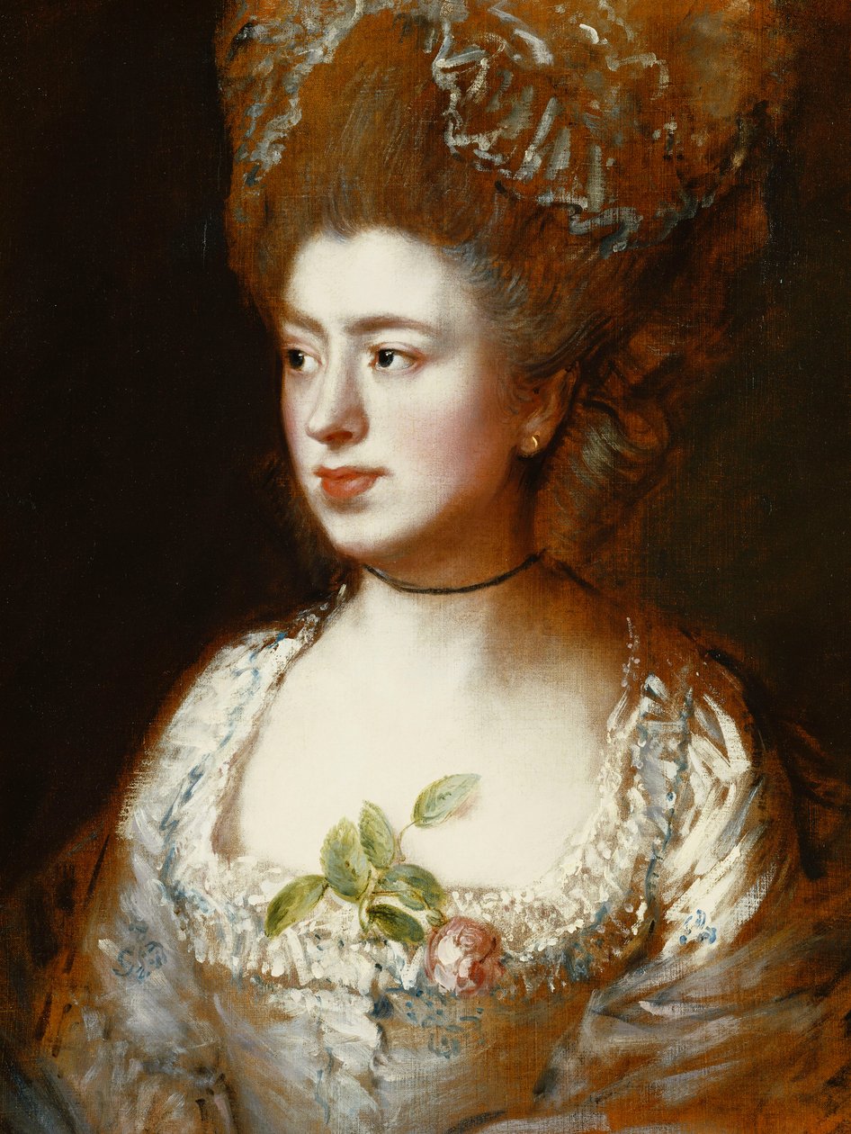 Miss Mary Gainsborough portréja, később Mrs. Fischer, a művész lánya, feje és vállai, jobbra fordítva, kék-fehér ruhát visel, rózsaszín rózsával a fűzőjében, alkotó: Thomas Gainsborough