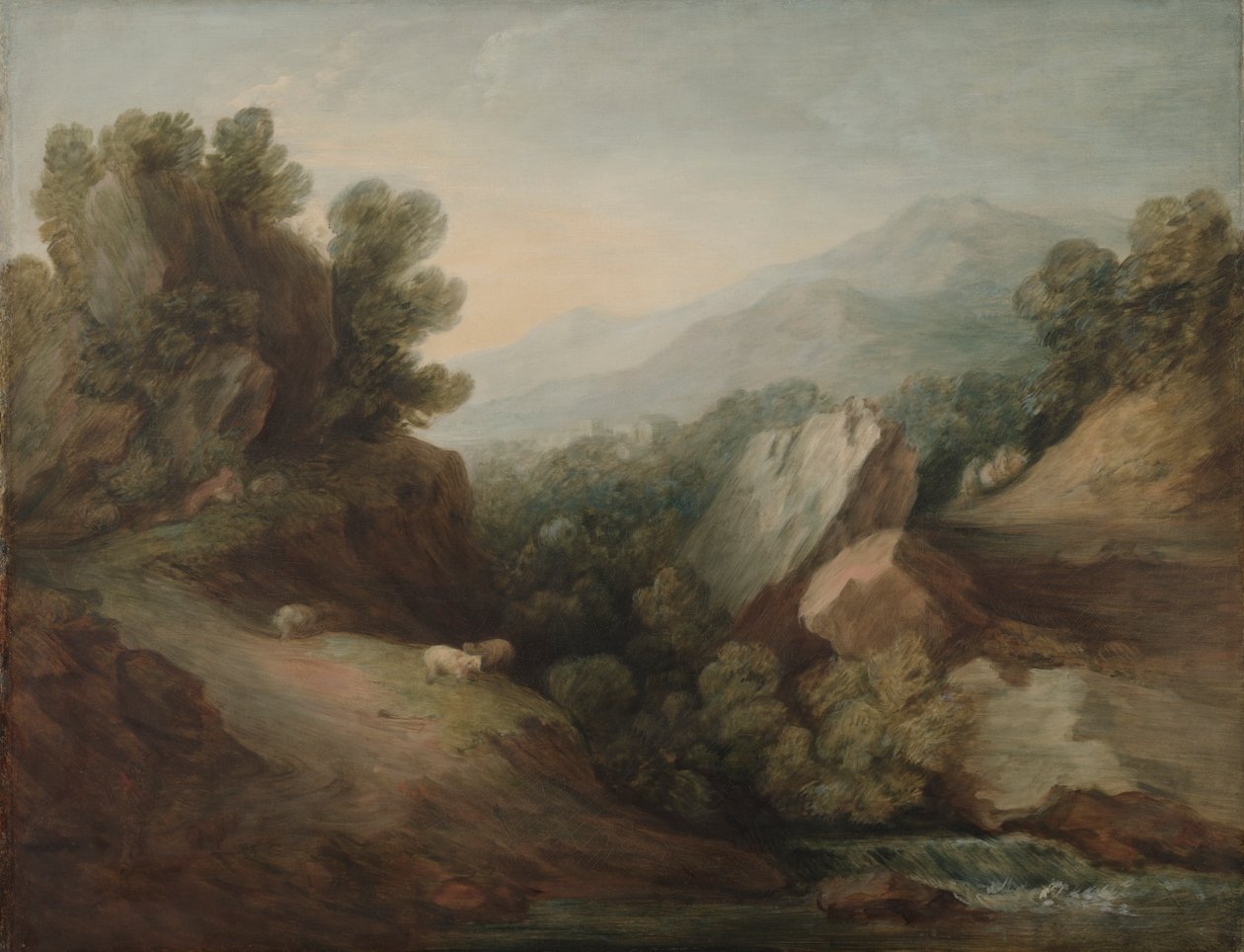 Sziklás, erdős táj Dell-lel és gáttal alkotó: Thomas Gainsborough