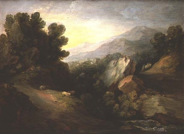 Sziklás erdős táj juhokkal egy vízesés mellett alkotó: Thomas Gainsborough