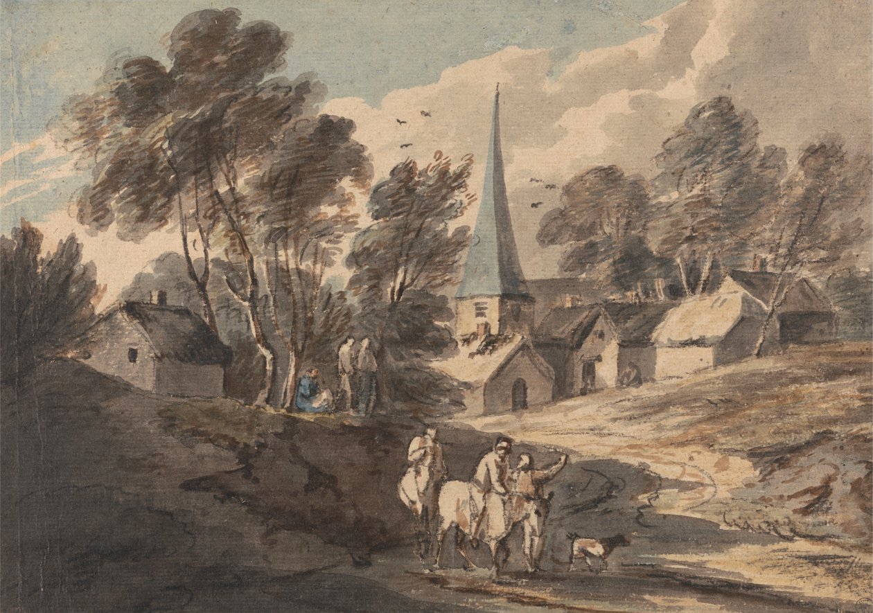 Lóháton utazók, akik egy tornyos faluhoz közelednek alkotó: Thomas Gainsborough