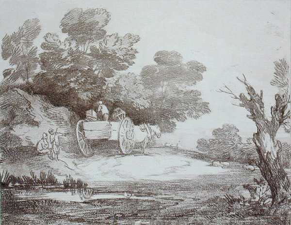 Erdős táj, vidéki kocsi és figurák (metszet) alkotó: Thomas Gainsborough