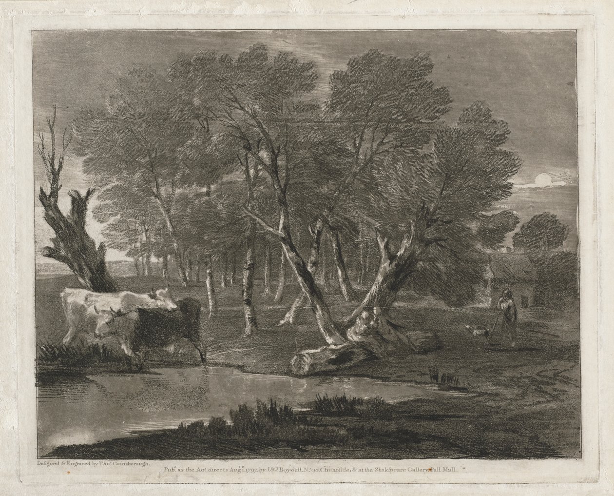 Erdős táj tehenekkel a medence mellett, figurákkal és kunyhóval alkotó: Thomas Gainsborough