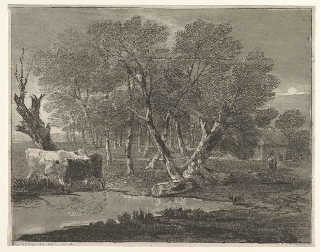 Erdős táj tehenekkel a medence mellett, figurákkal és kunyhóval, 1775-80. alkotó: Thomas Gainsborough