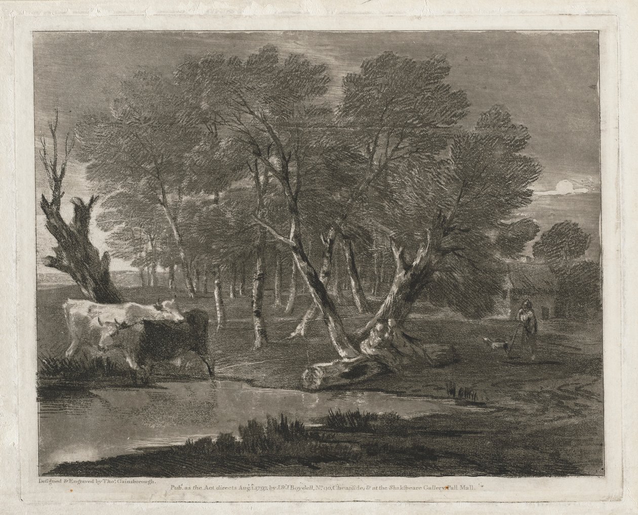 Erdős táj tehenekkel a medence mellett, figurákkal és kunyhóval, 1797-ben jelent meg. alkotó: Thomas Gainsborough
