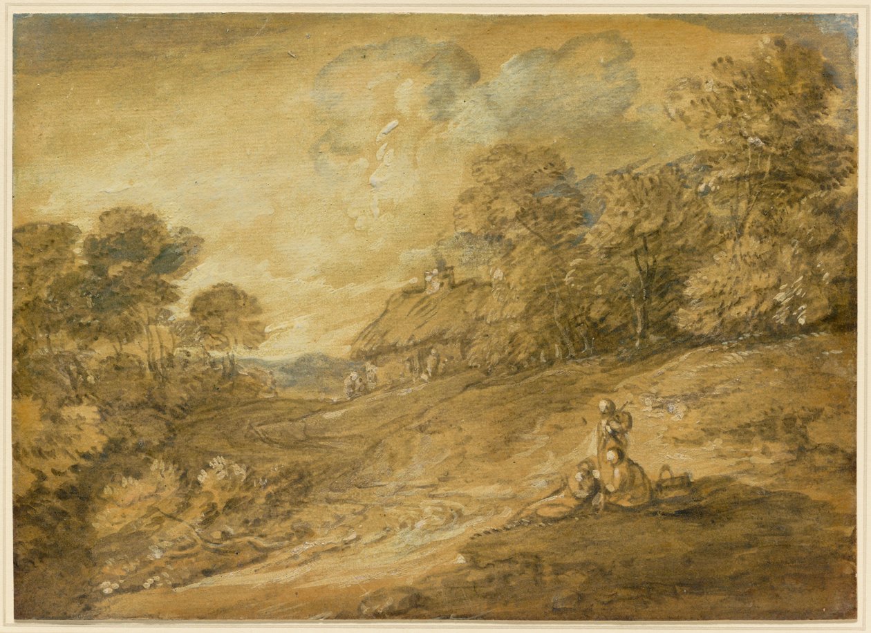 Waldlandschaft mit Figuren und gewundenem Pfad zu einem Cottage alkotó: Thomas Gainsborough
