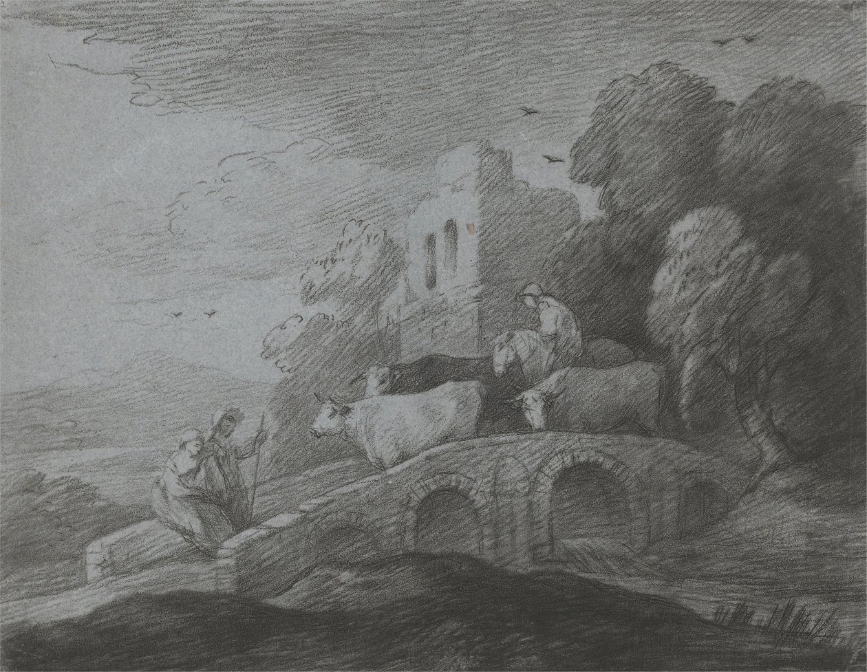 Erdős táj hídon szarvasmarhát hajtó pásztorral, rusztikus szerelmesekkel és romos várral alkotó: Thomas Gainsborough