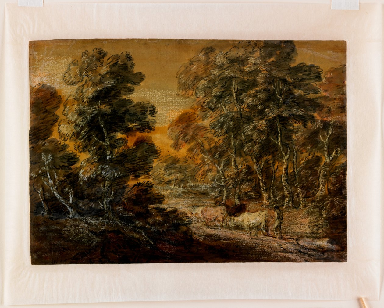 Erdős táj pásztorokkal és szarvasmarhákkal, 1770 körül (fekete és fehér kréta, lakkozott) alkotó: Thomas Gainsborough