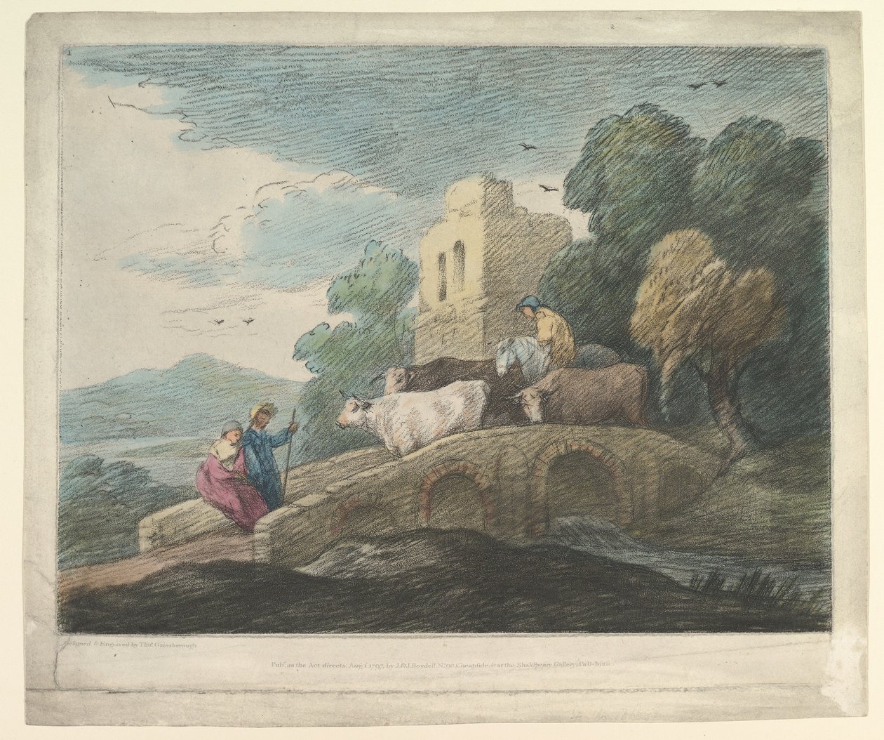 Erdős táj marhát hajtó pásztorokkal a hídon, rusztikus szerelmesek és romos kastély, 1797. alkotó: Thomas Gainsborough