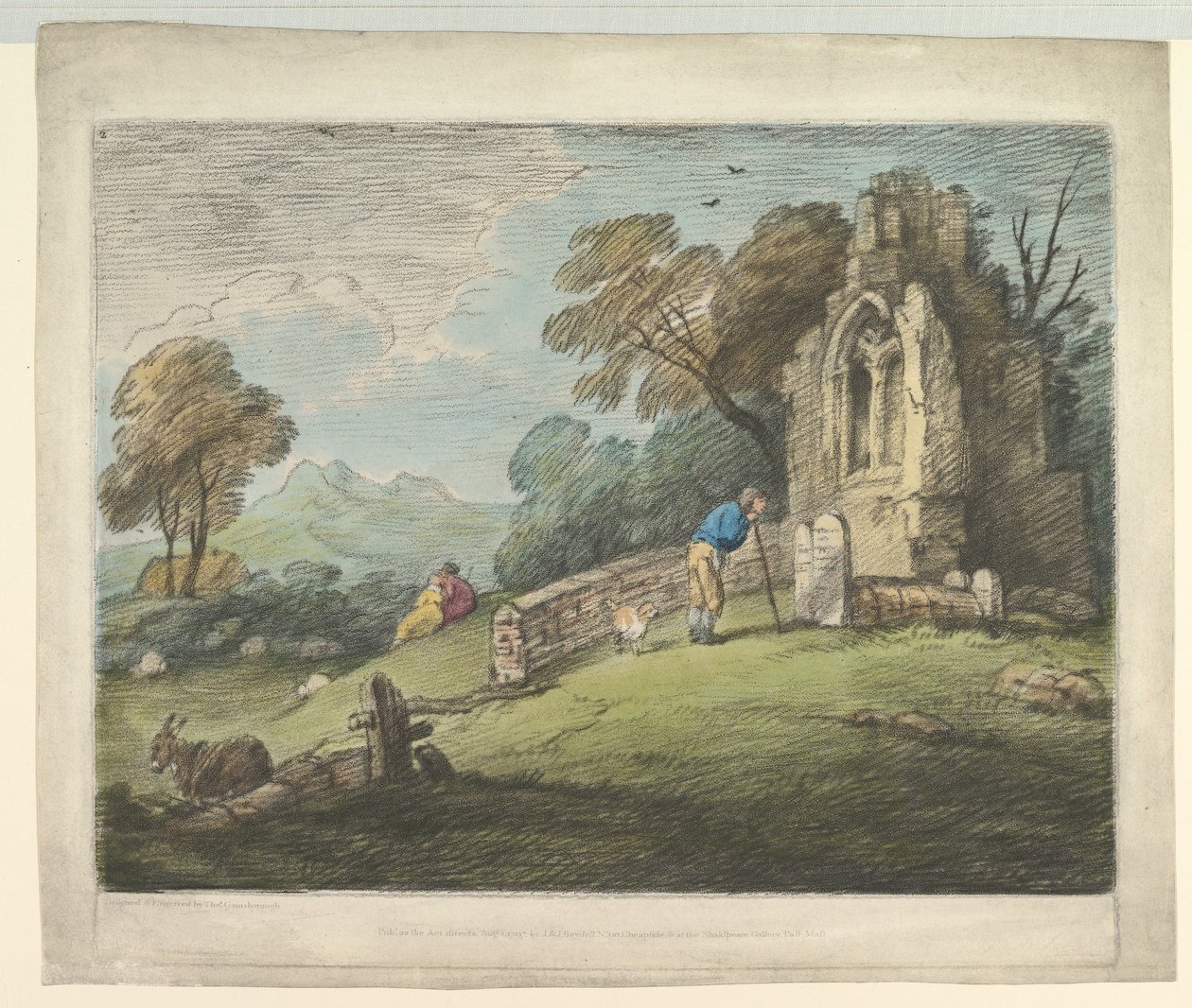 Erdős táj parasztolvasó sírkővel, rusztikus szerelmesekkel és romtemplommal, 1797. augusztus 1. alkotó: Thomas Gainsborough