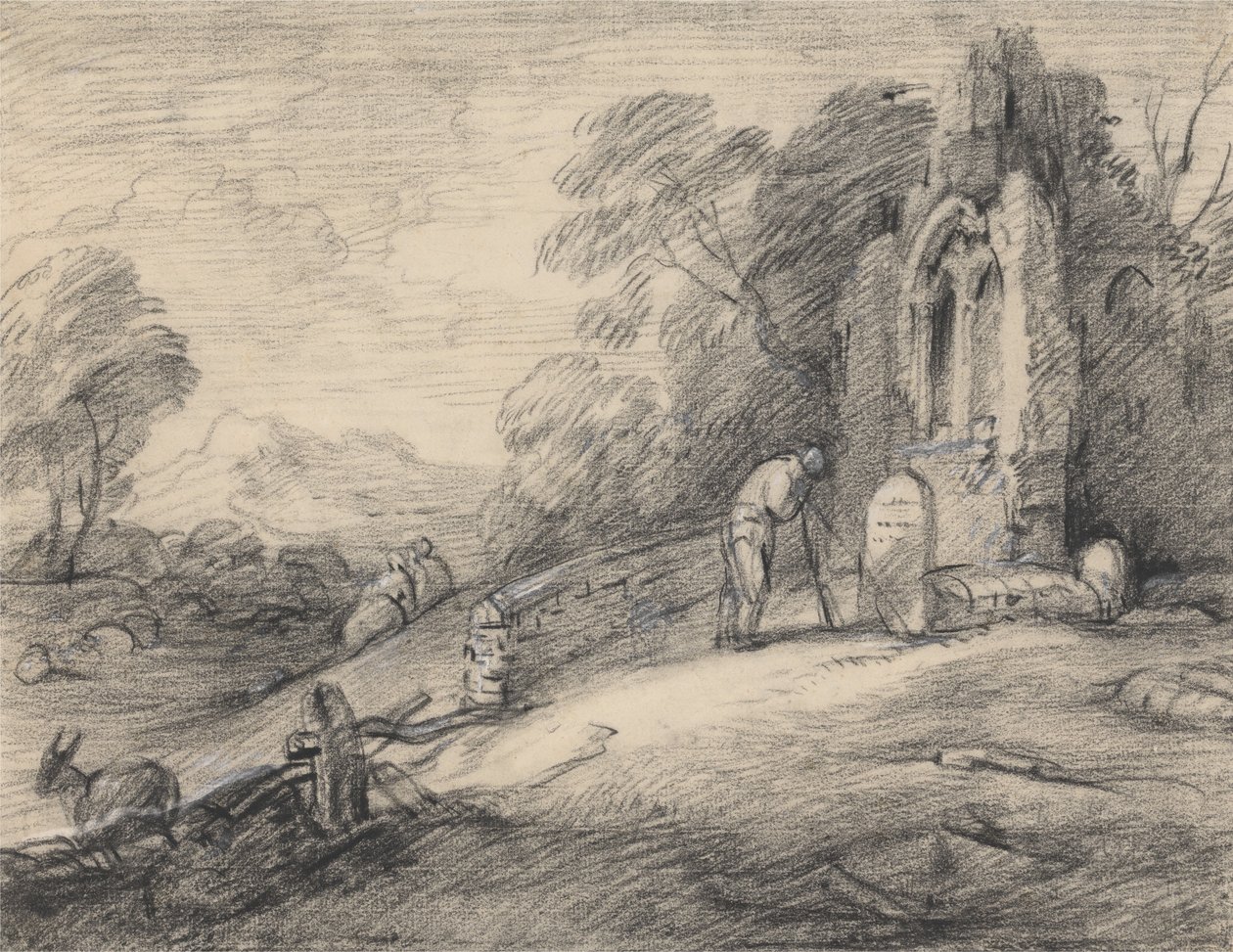 Erdős táj egy romos templom melletti sírkövön olvasható feliratot olvasó paraszttal, alakokkal, szamárral, juhokkal és távoli hegyekkel alkotó: Thomas Gainsborough