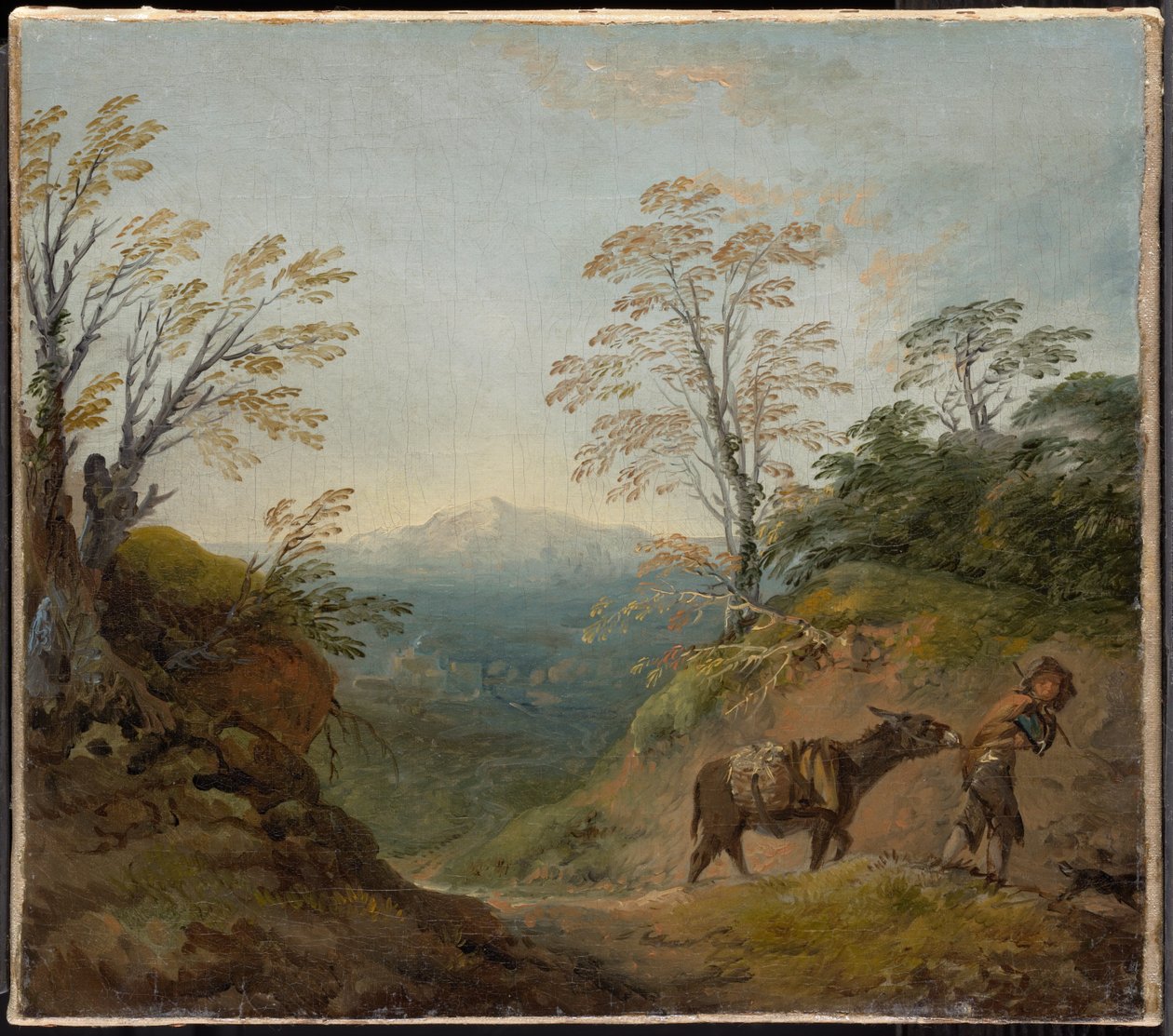 Erdei táj szamarat és kutyát vezető fiúval, valamint épületekkel és távoli dombokkal tarkított széles panorámával alkotó: Thomas Gainsborough