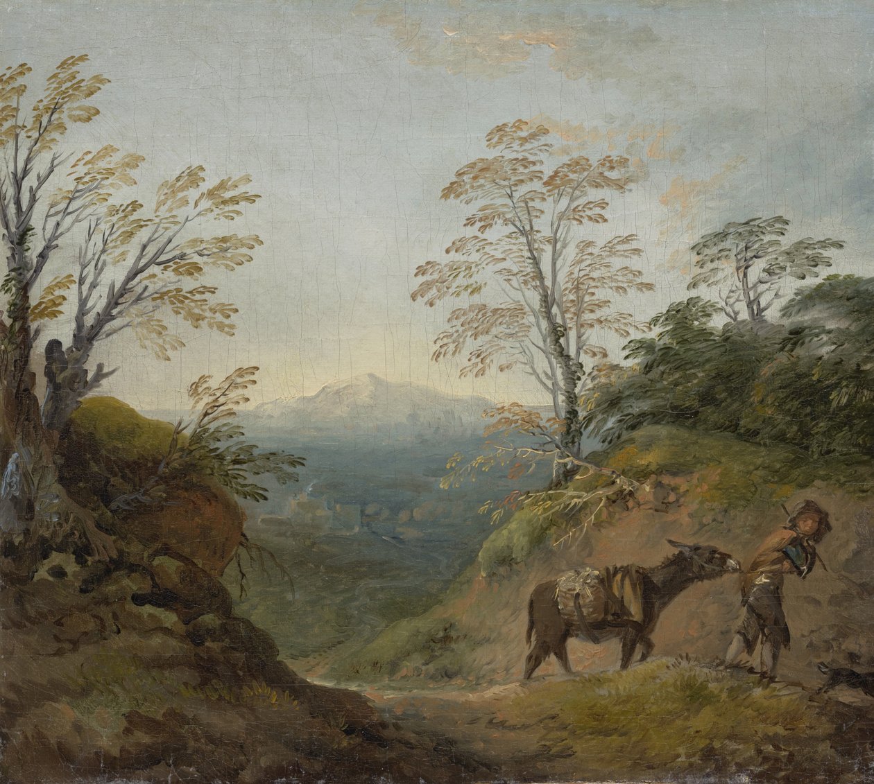 Erdős táj egy szamarat és kutyát vezető fiúval, valamint kiterjedt panoráma épületekkel és távoli dombokkal, 1760-as évek eleje alkotó: Thomas Gainsborough