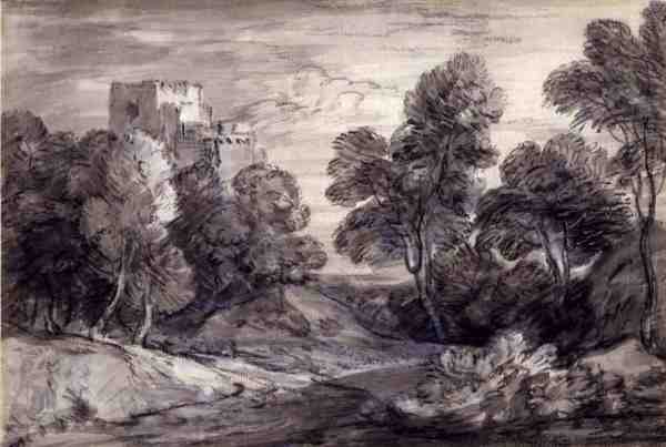 Erdős táj kastélyral (kréta és szén papíron) alkotó: Thomas Gainsborough
