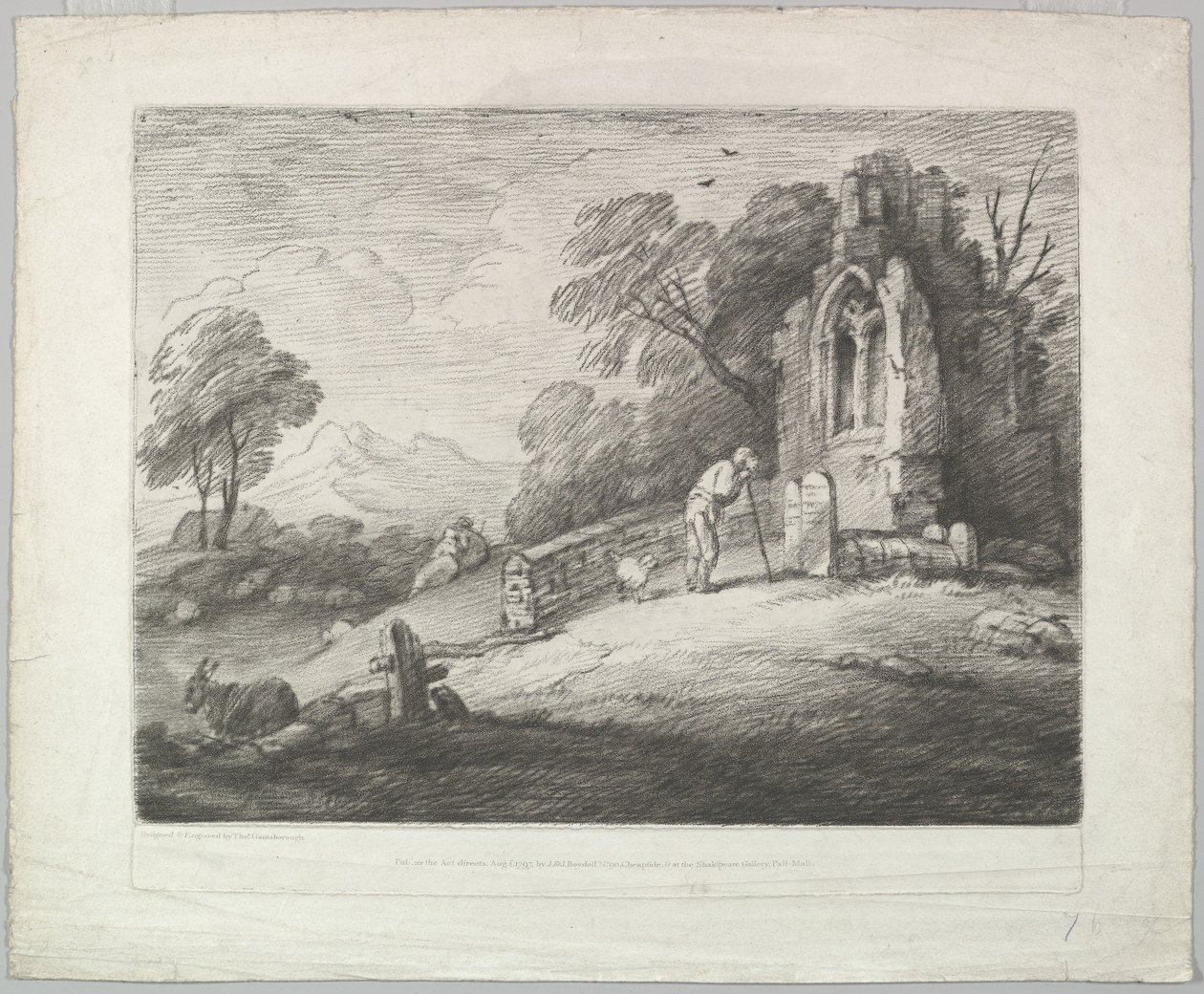 Erdős táj egy sírkövet olvasó paraszttal, rusztikus szerelmesekkel és egy romos..., 1797. augusztus 1. alkotó: Thomas Gainsborough