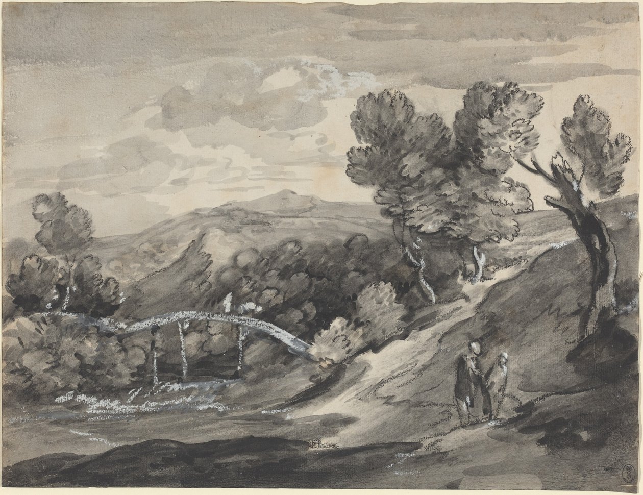Erdős hegyvidéki táj híddal alkotó: Thomas Gainsborough