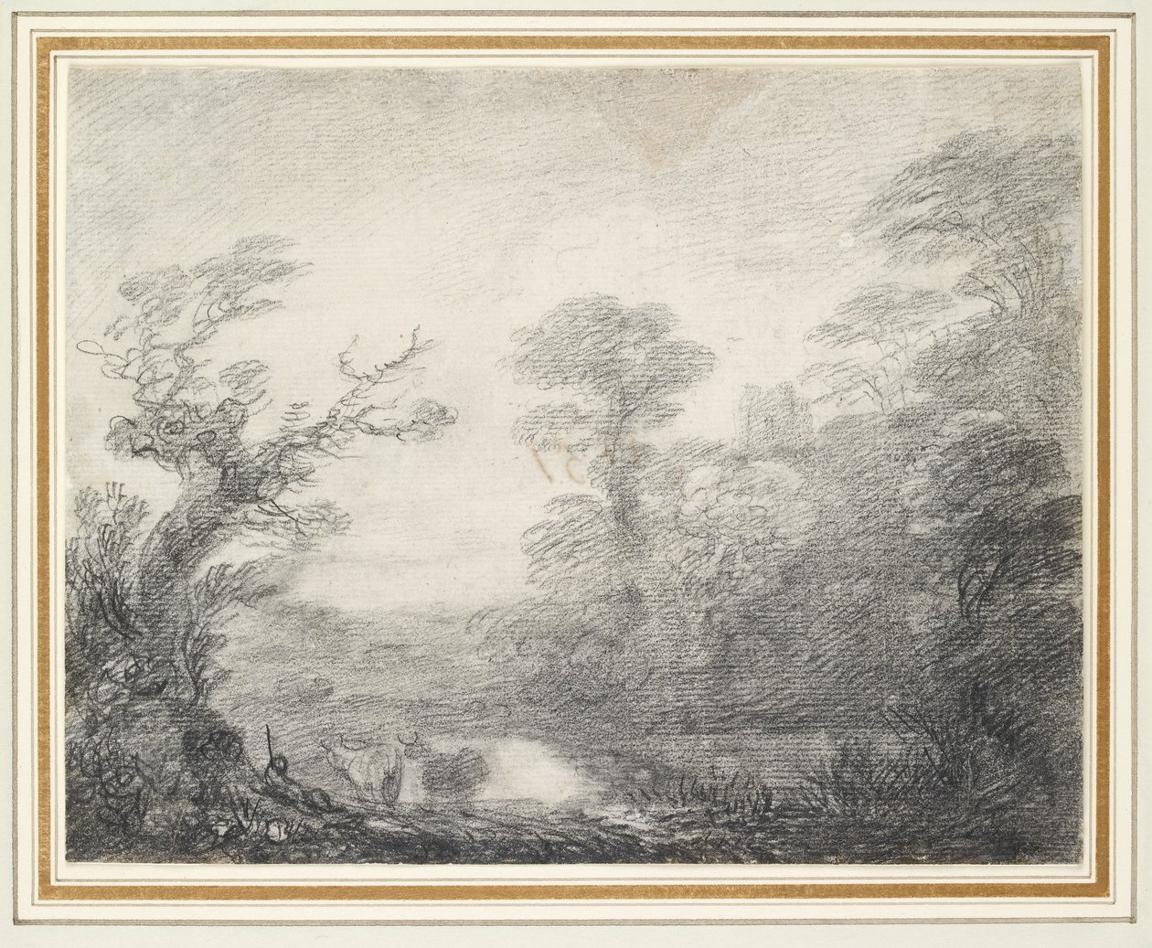 Wooded landscape with herdsman, cows and church tower alkotó: Thomas Gainsborough