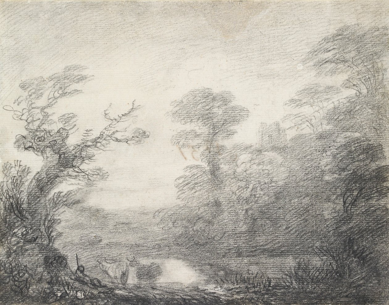 Erdős táj pásztorral, tehenekkel és templomtoronnyal, 1753-1757 alkotó: Thomas Gainsborough