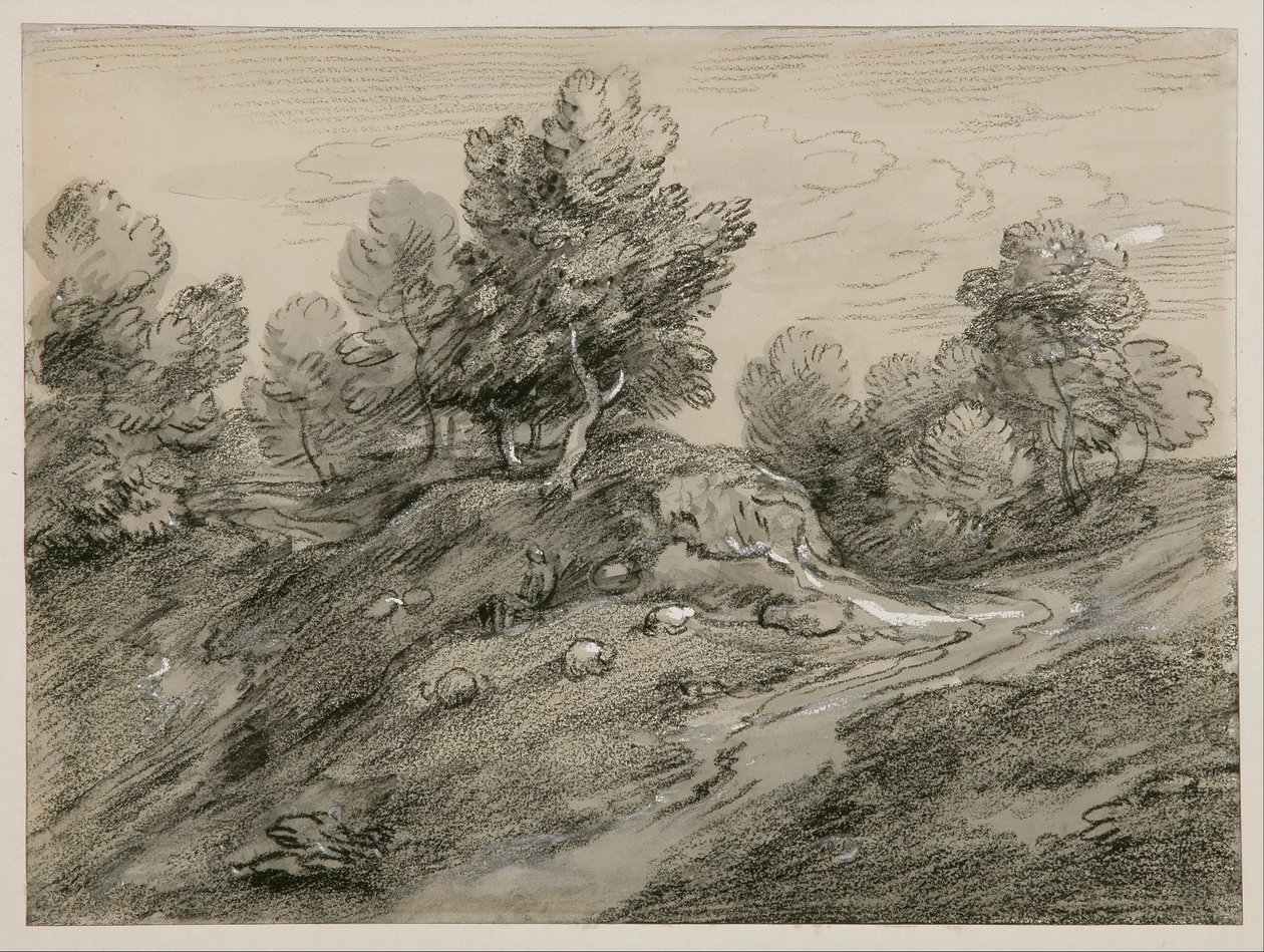 Erdős dombvidéki táj pásztorral, juhokkal és egy domb körül kanyargó földúttal alkotó: Thomas Gainsborough